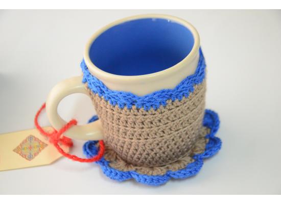 Handcraft Crochet Cozy Reusable Handmade Cover Coffee Mugs -with Heat Insulation Cup Covers Blue & Grey 